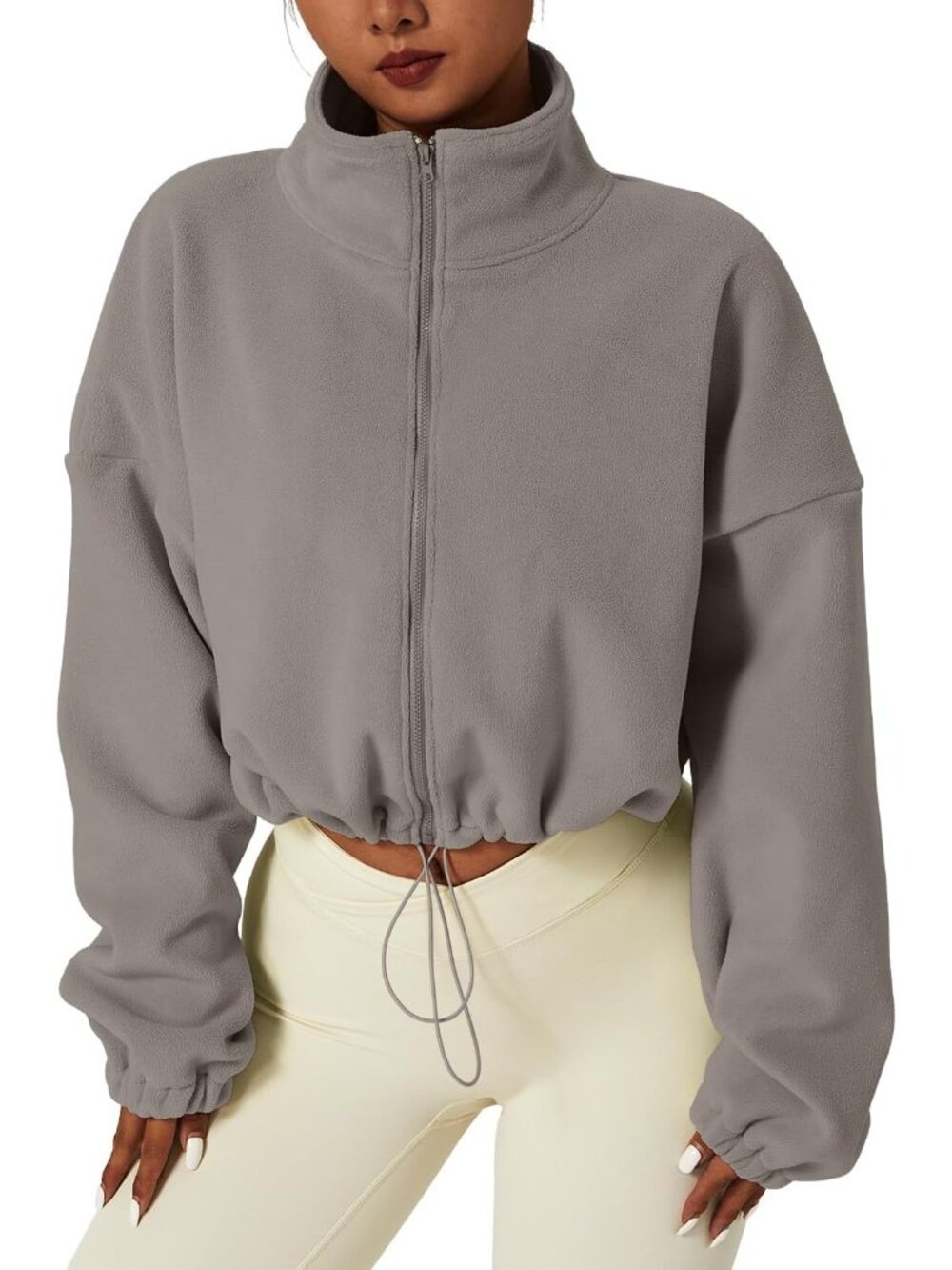Women’s Light Grey Cropped Sherpa Full Zip Warm Winter Coat Fleece Jacket